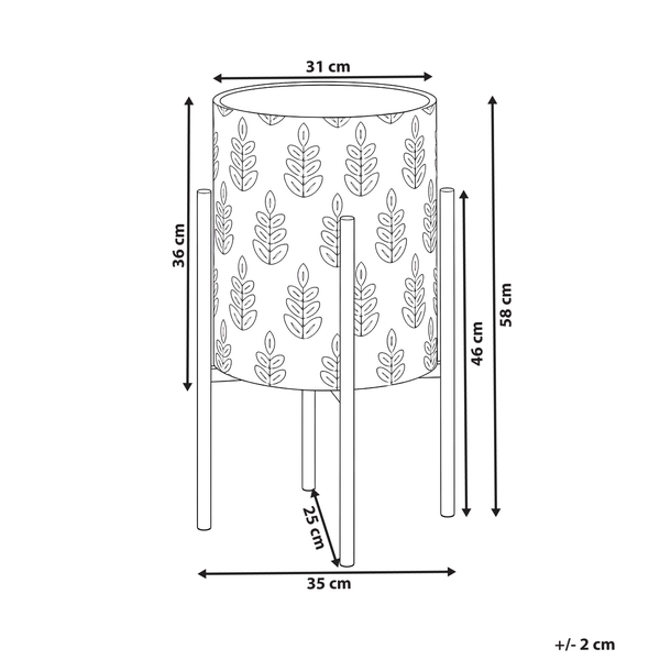 Maßzeichnung eines zylindrischen Blumenkübels mit Blattmuster auf einem Metallständer mit Angaben der Abmessungen in Zentimetern