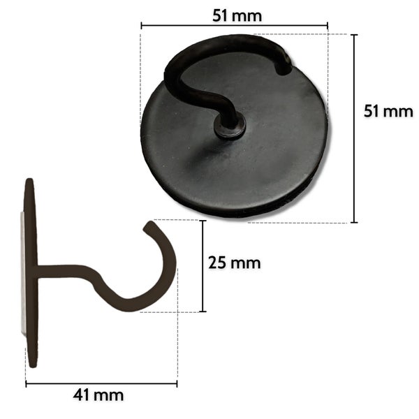 Runder Wandhaken mit Haken aus Metall, Maße 51 mal 51 mal 41 Millimeter, für die Wandmontage.