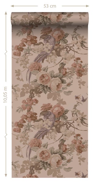 ESTAhome Tapete Blumen und Vögel Altrosa - 50 x 900 cm - 139809