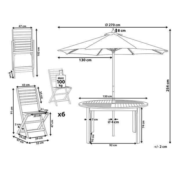 Gartenmöbel Set 6-Sitzer TOLVE mit Schirm (12 Optionen) Akazienholz Braun