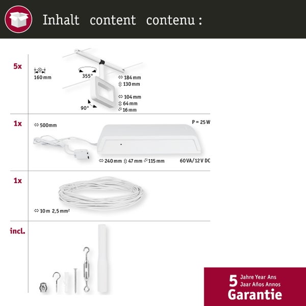 CorDuo LED Seilsystem Frame Basisset 5x280lm 5x4,8W 3000K 230/12V Weiß matt, Chrom