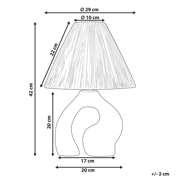 Maßzeichnung einer Tischleuchte: Gesamthöhe 42 cm, Schirmdurchmesser 29 cm, Fußbreite 20 cm. Toleranz plus minus 2 cm.