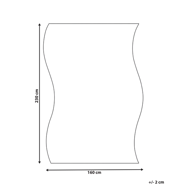 Schematische Zeichnung eines Teppichs mit geschwungenen Seitenrändern, Maße 160 mal 230 Zentimeter, Toleranz plus minus 2 Zentimeter.