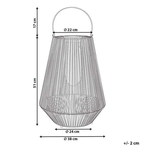 Maßskizze Laterne: Höhe 51 Zentimeter, Henkel 17 Zentimeter, Durchmesser 22, 24 und 38 Zentimeter. Toleranz plus minus 2 Zentimeter.