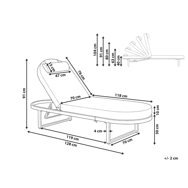 Maßzeichnung einer Gartenliege mit verstellbarer Rückenlehne und Kissen mit Maßangaben in Zentimeter.