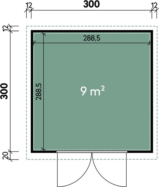 Grundriss eines Gartenhauses mit 9 Quadratmetern Grundfläche und den Außenmaßen 300 mal 300 Zentimeter inklusive Doppeltür