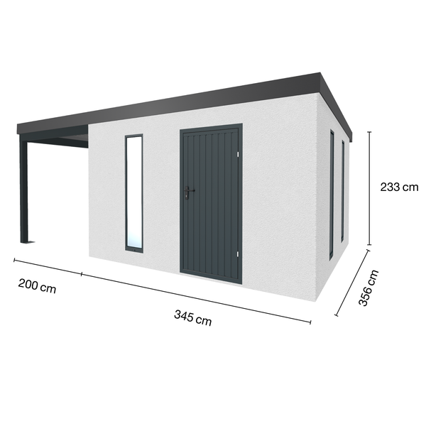 Abbildung eines Gartenhauses mit den Maßen 233 cm Höhe, 356 cm Tiefe, 345 cm Länge und einer Vordachlänge von 200 cm.