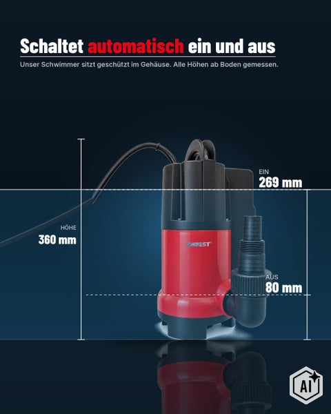 Tauchpumpe mit integriertem Schwimmerschalter und Maßangaben für Ein und Aus Schaltpunkte sowie Gesamthöhe in Millimeter.