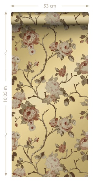 ESTAhome Tapete Blumenmuster Gold und Terrakottarosa - 53 cm x 10.05 m - 139762