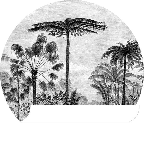 ESTAhome selbstklebende runde Tapete tropische Landschaft mit Palmen Schwarz-Weiß - Ø 70 cm - 158982