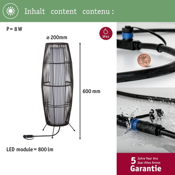 Technische Produktdetails einer Gartenleuchte: 8 Watt Leistung, 200 mm Durchmesser, 600 mm Höhe, 800 Lumen LED Modul, IP44 Schutzgrad und 5 Jahre Garantie