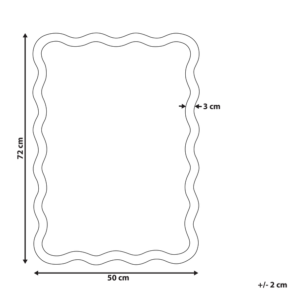 Maßzeichnung mit Maßen: Höhe 72 Zentimeter, Breite 50 Zentimeter, Randbreite 3 Zentimeter, Wellenrand, Toleranz plus minus 2 Zentimeter.