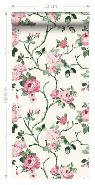 Origin Wallcoverings Tapete Blumen Crême-Weiß, Rosa und Grün - 53 cm x 10.05 m - 347434