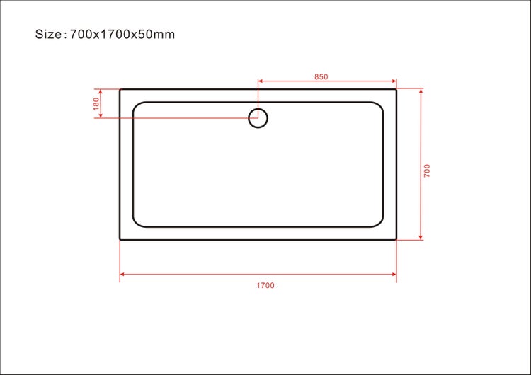Technische Zeichnung einer Duschwanne mit den Maßen 700 x 1700 x 50 Millimeter.
