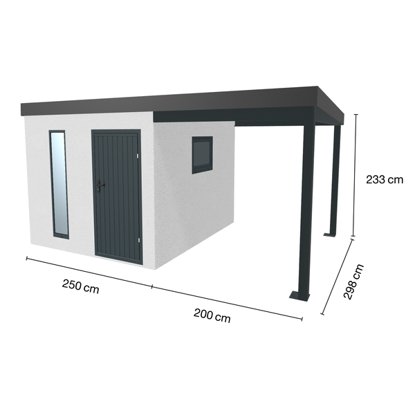 Geräteschuppen mit Carport und Maßangaben