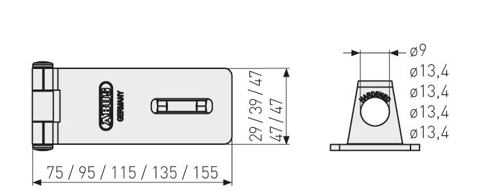 Technische Zeichnung einer ABUS Überfalle mit Maßangaben für Länge, Höhe und Durchmesser der Öse.