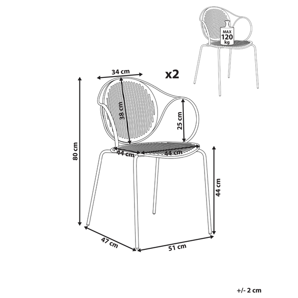 Technische Zeichnung eines Stuhls mit Maßangaben und maximaler Belastung von 120 Kilogramm