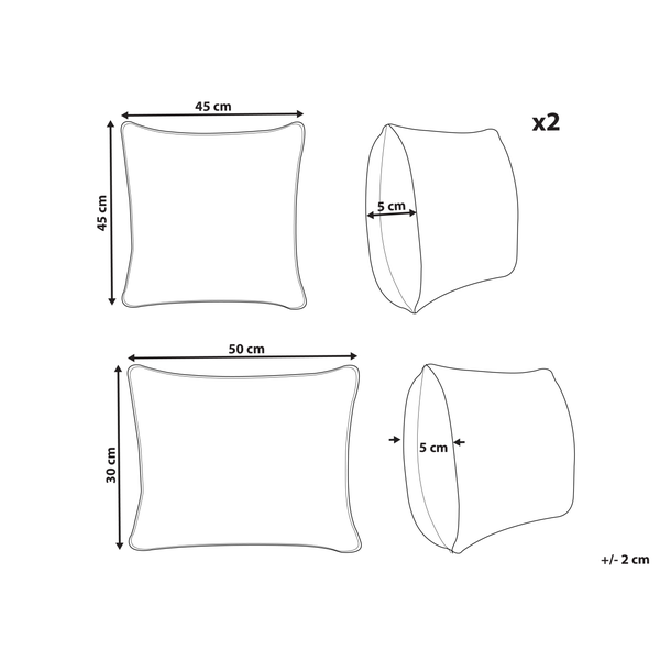 Abmessungen eines Kissensets, bestehend aus Kissen 45 mal 45 Zentimeter und 50 mal 30 Zentimeter, jeweils circa fünf Zentimeter dick, im Doppelpack