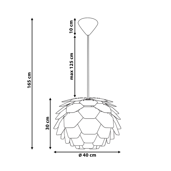 Abbildung einer Pendelleuchte mit den Maßen: 165 cm Höhe, 30 cm Lampenschirmhöhe, 40 cm Lampenschirmdurchmesser und 10 cm Baldachinhöhe