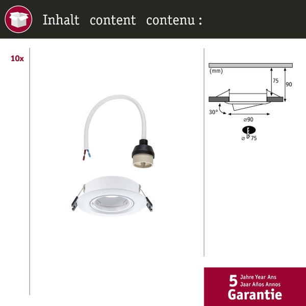 Einbauleuchte 10er-Set schwenkbar rund 90mm 30° GU10 max. 10x10W 230V dimmbar Weiß