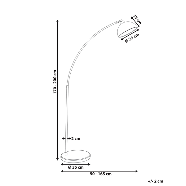 Maßskizze einer Bogenstehlampe: Höhe 170 bis 200 Zentimeter, Ausladung 90 bis 165 Zentimeter, Fußdurchmesser 35 Zentimeter.
