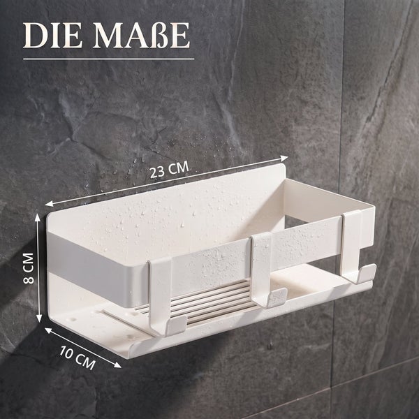 Duschablage zur Wandmontage mit Haken, Abmessungen 23 mal 8 mal 10 Zentimeter, aus Metall zur Aufbewahrung von Duschutensilien.