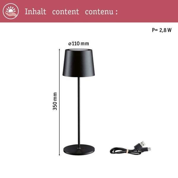 Akkuleuchte Gilo IP44 dimmbar 2700K Schwarz matt