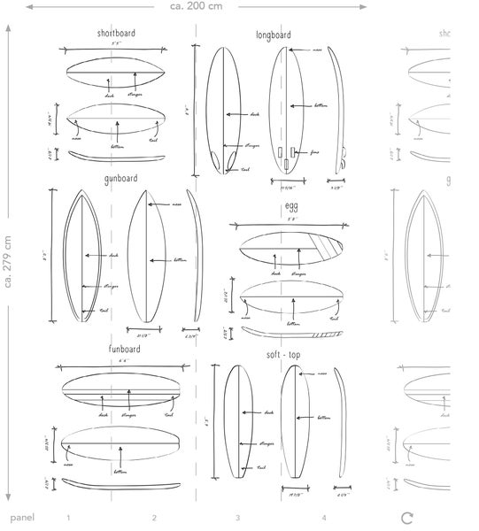 ESTAhome Fototapete technische Zeichnungen von Surfbrettern Schwarz und Weiß - 200 x 279 cm - 158848