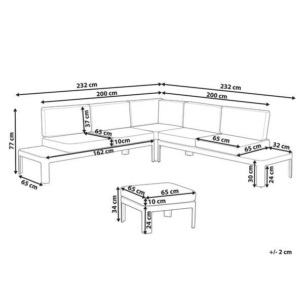 Dimensionsdarstellung einer Loungegruppe mit Ecksofa und Hocker