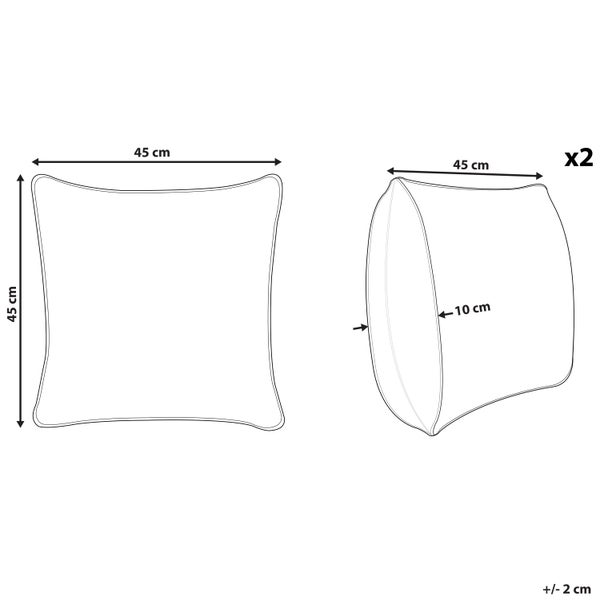 Technische Zeichnung eines Zweier-Sets Kissen mit Maßen: 45 Zentimeter Breite, 45 Zentimeter Höhe und 10 Zentimeter Dicke.