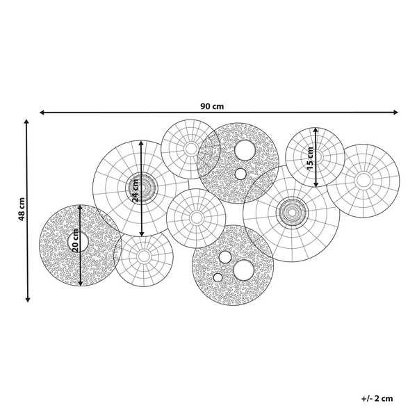 Abmessungen einer Wanddekoration mit runden Elementen: 90 Zentimeter breit und 48 Zentimeter hoch