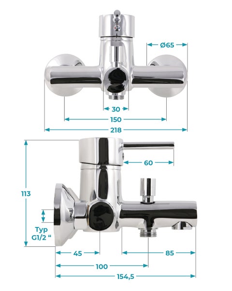 Calmwaters® Badewannenarmatur Honest Small, Wasserhahn Badewanne, Wannenarmatur mit Umsteller, Einhebelmischer mit Keramikkartusche, Brauseabgang 1/2, Aufputz-Montage, Messing, Chrom, 13PZ2560