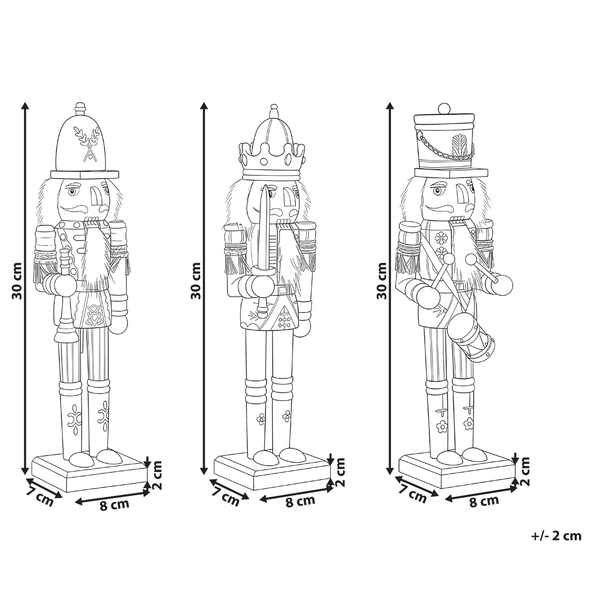 Abbildung von drei Nussknackern mit den Maßen 30 cm Höhe, 7 cm Breite und 8 cm Tiefe