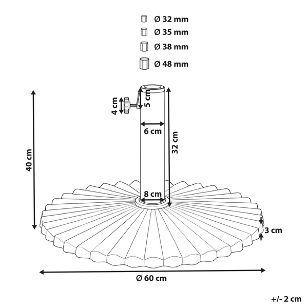 Sonnenschirmständer mit Maßen: Durchmesser 60 Zentimeter, Gesamthöhe 40 Zentimeter, passend für Schirmmasten von 32 bis 48 Millimeter.