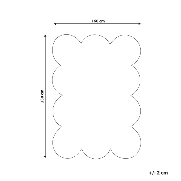 Maßskizze Teppich mit Wellenrand, Breite 160 cm, Länge 230 cm, Toleranz plus minus 2 cm.
