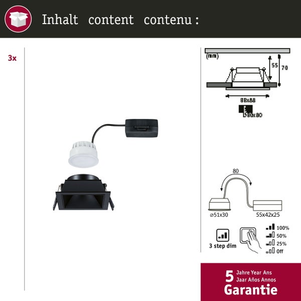 LED Einbauleuchte 3-Step-Dim Cole Coin 3er-Set IP44 eckig 88x88mm Coin 3x6W 3x470lm 230V dimmbar 2700K Schwarz
