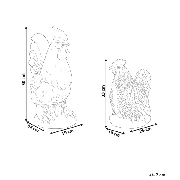 Gartenfiguren-Set Hahn und Henne mit Maßen. Hahn: 50 Zentimeter hoch, 34 lang, 19 breit. Henne: 33 hoch, 25 lang, 19 breit.