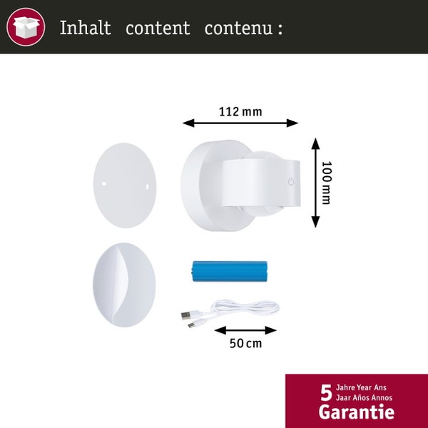 Lieferumfang der Wandleuchte mit Batterie und USB Kabel
