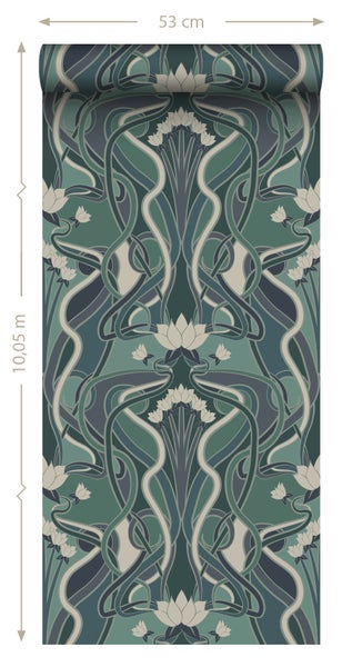 ESTAhome Tapete Blumenmuster im Jugendstil Graugrün und Blau - 50 x 900 cm - 139894