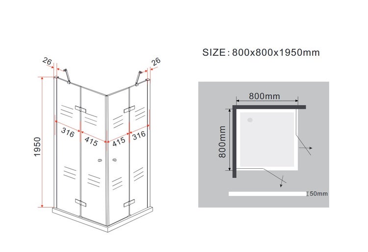 Technische Zeichnung einer Duschkabine mit Abmessungen