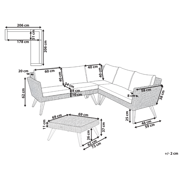 Skizze eines L-förmigen Garten-Lounge-Sets mit Tisch und Polstern, inklusive detaillierter Maßangaben in Zentimetern.