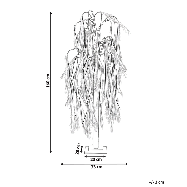 Abbildung eines künstlichen Baumes mit den Maßen: Höhe 160 cm, Basis 20 cm hoch und 73 cm breit