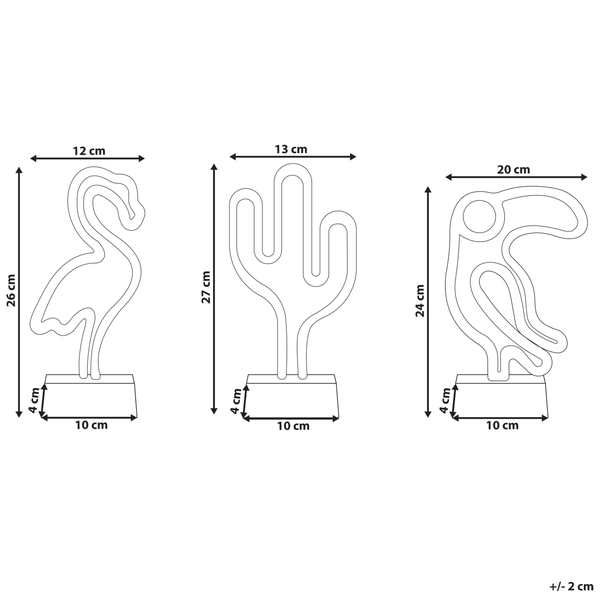 Maßzeichnung von drei LED-Neon-Dekoleuchten in Flamingo-, Kaktus- und Tukanform mit Höhen- und Breitenangaben in Zentimetern.
