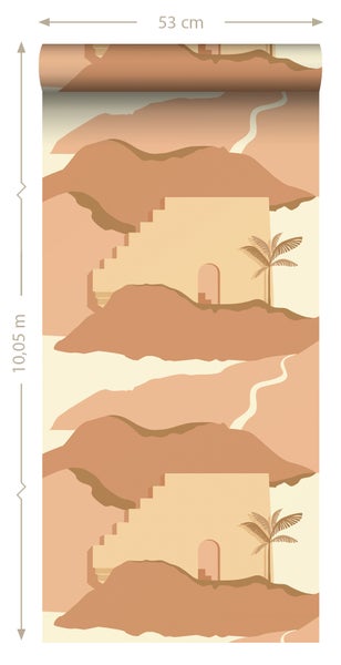 ESTAhome Tapete Mediterrane Häuser Beige und Terrakottarosa - 50 x 900 cm - 139625