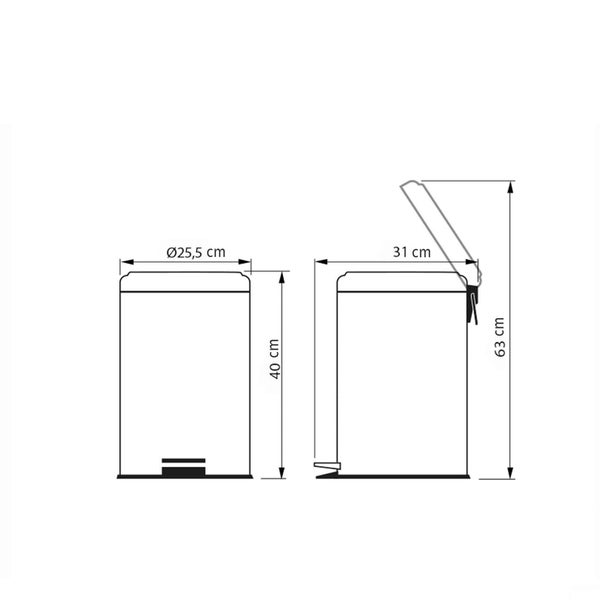 Technische Zeichnung eines Treteimer mit den Maßen 25,5 cm Durchmesser, 40 cm Höhe und einer maximalen Höhe von 63 cm bei geöffnetem Deckel.