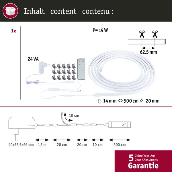 Inhalt der LED-Lichtschlauchpackung mit Trafo, Befestigungsclips und Fernbedienung.