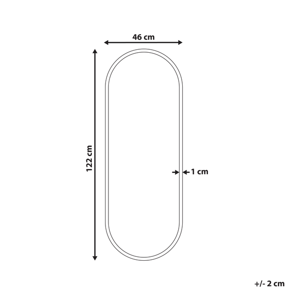 Maßzeichnung eines ovalen Spiegels mit einer Höhe von 122 Zentimeter, einer Breite von 46 Zentimeter und einer Rahmentiefe von 1 Zentimeter.