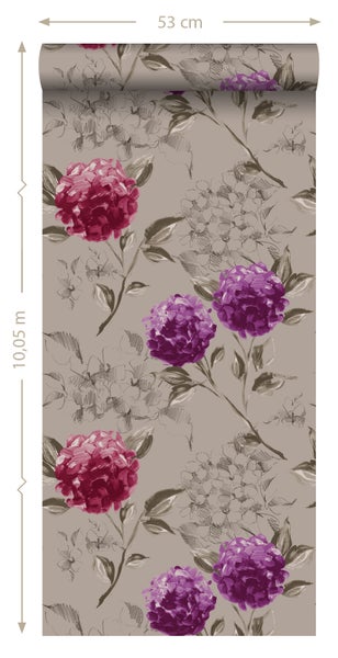 ESTAhome Tapete Hortensien Taupe und Aubergineviolett - 53 cm x 10.05 m - 128024