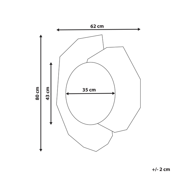 Technische Zeichnung eines Spiegels mit den Maßen 62 cm Breite, 80 cm Höhe und 35 cm Durchmesser