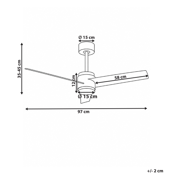 Maßskizze eines Deckenventilators mit Angabe der Gesamthöhe, Flügelgröße und Durchmesser für die Montage.